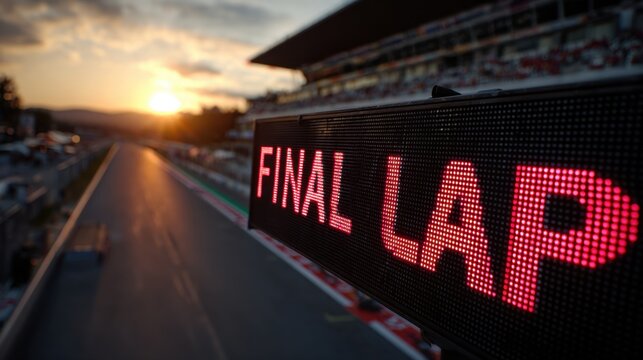 Final Lap at Dusk: A dynamic scene of the final lap of a race, highlighted by a glowing Final Lap sign against the backdrop of an evening sky. The race track is illuminated.