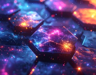 Hexagonal cellular structure with galaxy-like designs & glowing lights