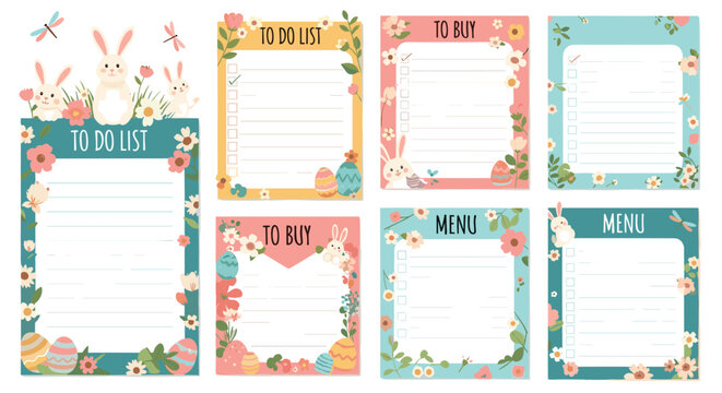 Collection of cute easter themed weekly planner templates, including to-do lists and menu pages decorated with bunnies and flowers.
