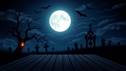 Fototapeta premium Mysterious full moon over a silhouetted landscape with eerie trees and buildings under a dark sky white background