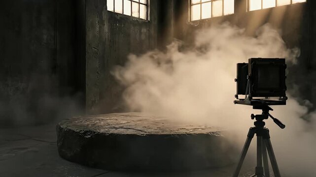 A dramatic scene unfolds within a desolate, industrial-style room, featuring a vintage large format camera meticulously positioned on a tripod. Billowing smoke or fog gracefully envelops a rugged ston