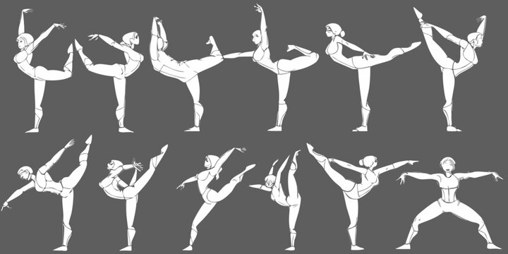 Dynamic human figure poses showcasing flexibility and movement in a sketch style