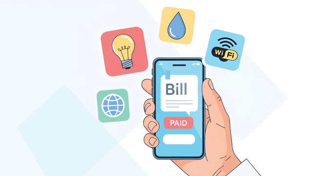 Hand holding smartphone displaying a Bill screen marked PAID with floating utility and internet icon