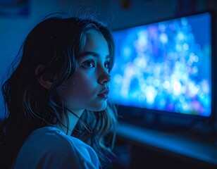 Young girl gazing intently at the blurred screen of a large, glowing display