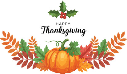 Happy Thanksgiving Autumn Illustration Featuring Pumpkin, Colorful Fall Leaves, and Seasonal Harvest Decoration Design for Holiday Greetings, Banners, and Festive Vector Artwork © munzuara