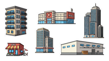 Obraz premium Vector illustration of a modern urban city street featuring a set of residential apartment houses and office buildings with cartoon architecture design for real estate business