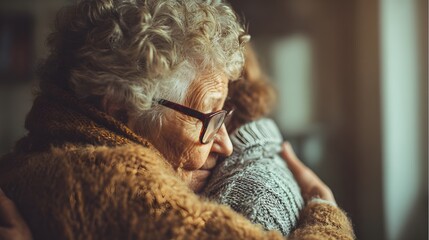 Heartwarming Embrace - Elderly Woman Comforted by a Loved One.