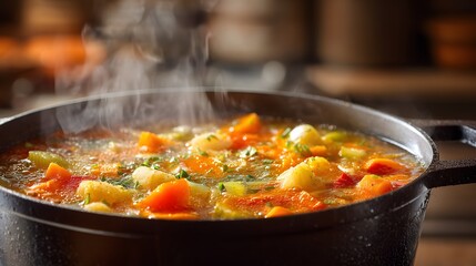 Hearty Vegetable Soup Steaming in a Black Pot on a Wooden Table.