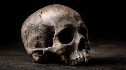 Human Skull on Dark Surface - A Study in Mortality and Anatomy.