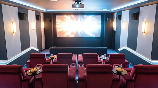 A luxurious private home cinema or screening room with plush red velvet recliners and individual side tables featuring snacks and drinks. The modern interior design showcases sleek black and white wal