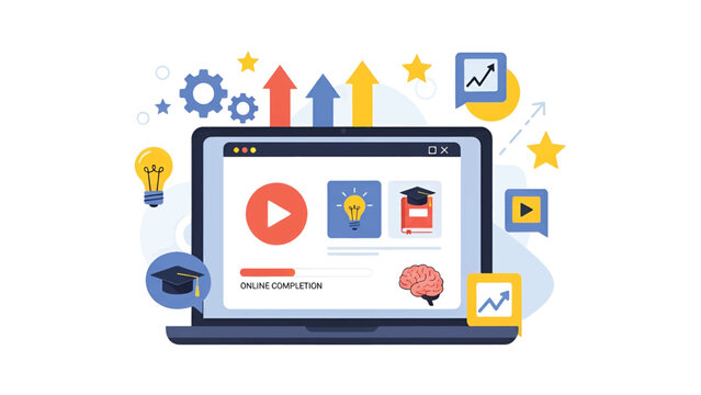 Laptop displaying online learning dashboard with progress bar, icons, arrows, brain and stars +gears - Powered by Adobe