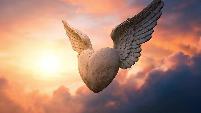 A majestic stone heart adorned with powerful, feathered wings gracefully floats against a breathtaking, vibrant sky. The ethereal scene features a dramatic backdrop of warm sunset or sunrise hues, ble