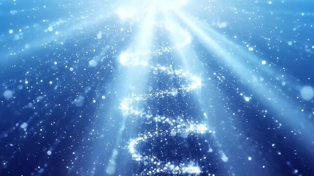 A mesmerizing abstract animation features a brilliant, helix-like spiral of glowing particles emerging from a powerful top-down light source. Shimmering bokeh and sparkling dust float across a deep bl