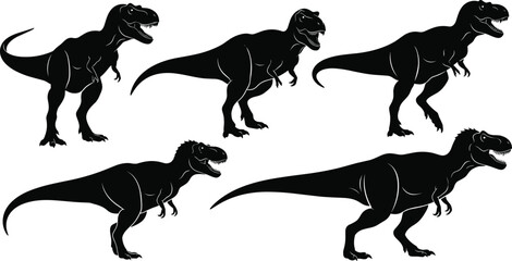 T-Rex silhouettes set, a vector illustration collection of Tyrannosaurus Rex dinosaurs, prehistoric animal predator icons, Jurassic monster, isolated on white.