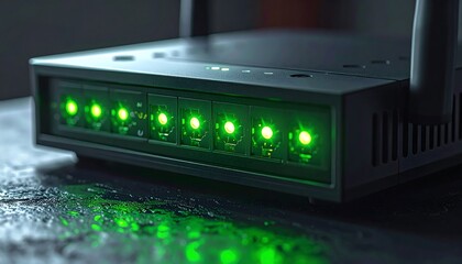 Modern black network device with bright green active lights on