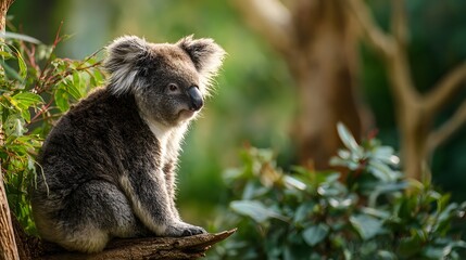 Koala perched on a branch in a lush green forest.