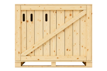 Large wooden shipping crate box for cargo transport on pallet base isolated on a transparent background
