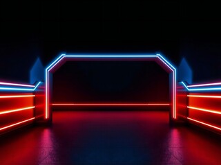 Futuristic neon archway with red and blue lights in dark sci fi environment
