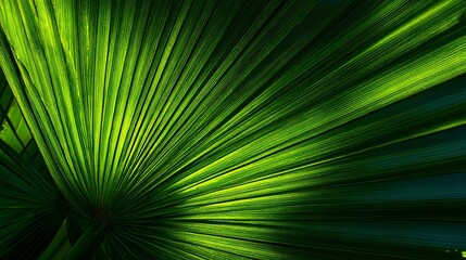 Obraz premium Lush Green Palm Leaf Radiating Sunlight in a Tropical Paradise.