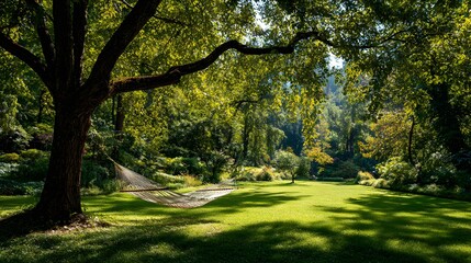Fototapeta premium Lush Green Park Landscape with Towering Tree and Sunlight.