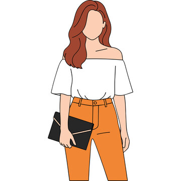 Fashionable Woman in Orange Pants and Off-Shoulder Top Holding Clutch