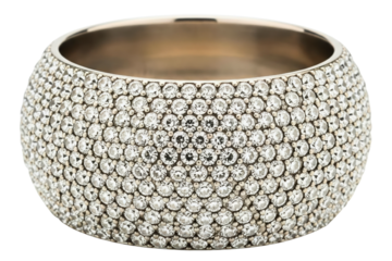 Wide luxury ring band encrusted with sparkling white diamonds isolated on a transparent background