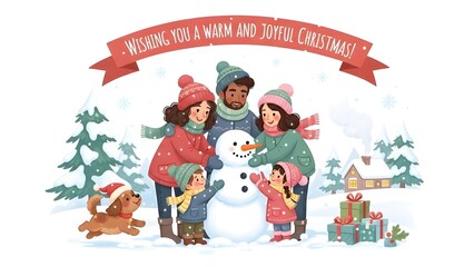 Heartwarming family building snowman on snowy day with joyful dog