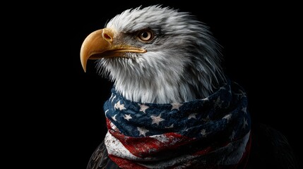 Majestic Bald Eagle Portrait with American Flag Bandana on Black Background.