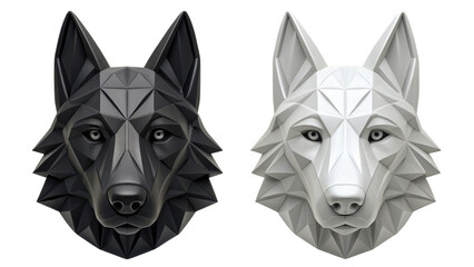 Geometric wolf head sculptures in gray and white on black background