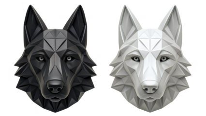 Geometric wolf head sculptures in gray and white on black background