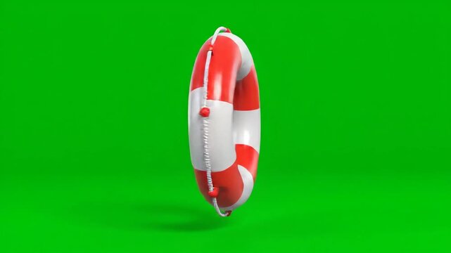 Red and white lifebuoy floating in front of a green screen background.