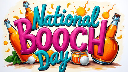 A playful National Booch Day graphic with colorful Booch bottles and bubbly accents; 4K, HD