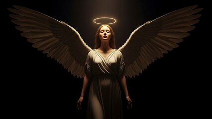 Angel with Halo and Wings in Darkness.