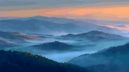 Majestic mountain range at dawn, with layers of blue and purple hues, a serene landscape.