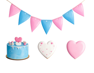 A celebration scene with blue and pink elements. Includes a decorated cake, heart-shaped cookies, and a pennant banner