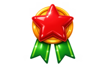 Winning red star reward medal with green ribbon representing achievement, success, and victory on transparent background