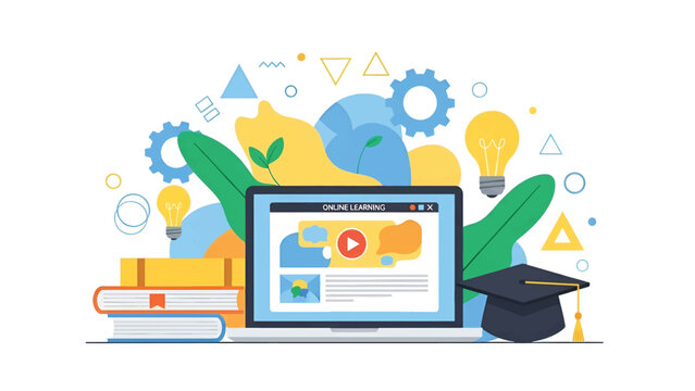 Vibrant illustration of a laptop streaming online lessons surrounded by books, cap, bulbs. gears and