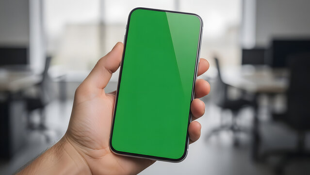 Modern smartphone with a vivid green screen display held in hand, offering a perfect digital canvas for custom content and interactive presentations within a contemporary office setting - Powered by Adobe