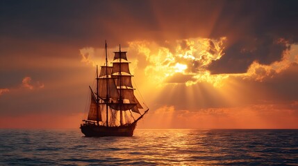 Majestic Tall Ship Sailing into the Sunsets Golden Embrace.