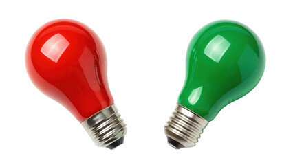 Red and green light bulbs on black background