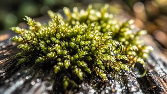 Macro Shot of Green Moss and Water Droplets on Wet Wood in Forest