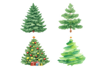 Fototapeta premium Christmas tree watercolor collection illustrating winter holiday evergreen pine and fir trees with festive decorations and presents