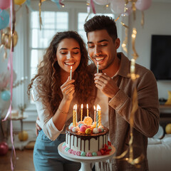Happy Couple Celebrating Birthday with Cake at Home