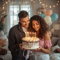 Happy Couple Celebrating Birthday with Cake at Home