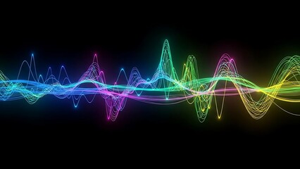Colorful Sound Waveforms on Black Background.