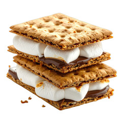 A towering stack of two decadent s'mores treats against a black background.