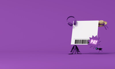 Minimal shopping payment concept with blank receipt, barcode, pay now sign and fashion accessories on purple background. 3d rendering