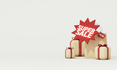 Minimal super sale concept with shopping bags and gift boxes on clean white background, modern retail promotion and marketing layout. 3d rendering