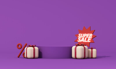 Minimal sale podium with gift boxes, percent symbol and super sale sign on purple background, modern retail promotion concept. 3d rendering