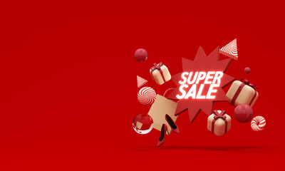 Dynamic super sale concept with floating gift boxes, shopping bag and decorative elements on red background, bold retail promotion style. 3d rendering